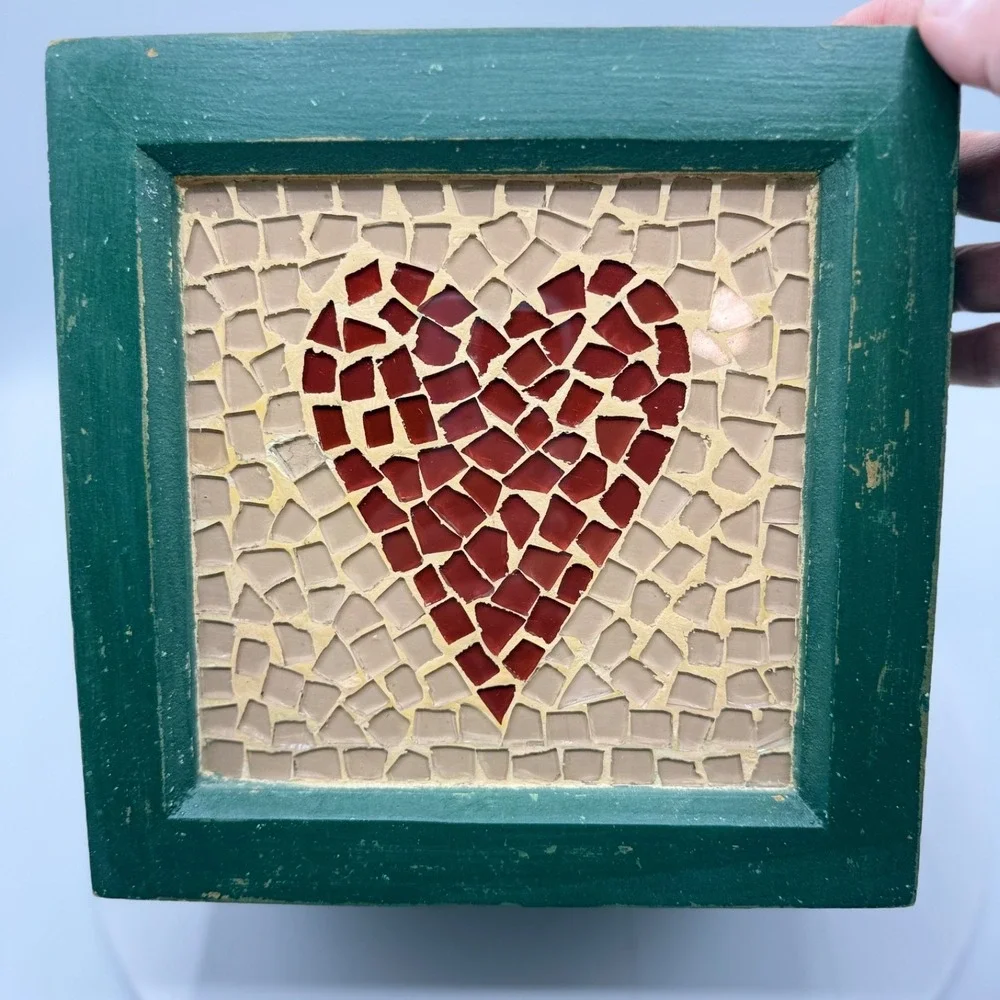 Vintage Wooden Green Lidded Box w/ Tile Mosaic Heart Cottagecore Country Chic